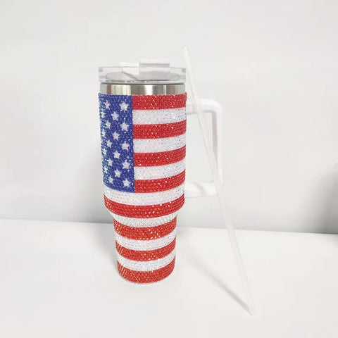 RHINESTONE AMERICAN FLAG 40 OZ. CUP WITH WHITE HANDLE